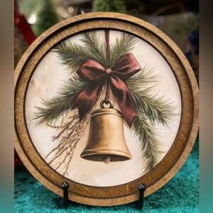 Christmas Gold Bell Round Wood Framed Small Art